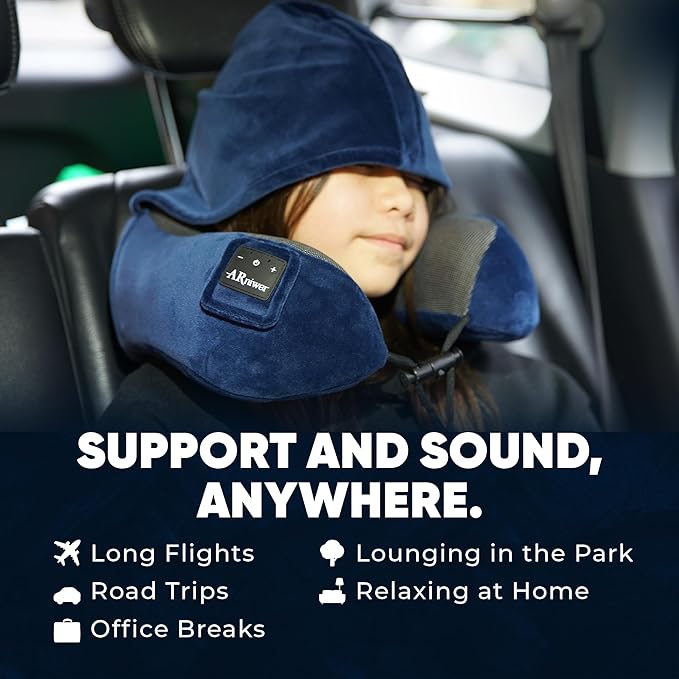 Bluetooth Music Semicircular Neck Pillow with Hood Wireless Bluetooth Speaker Suitable Airplane,Car,Office,and Outdoor Camping for Sleeping, Resting The Best Travel Essentials. (Navy Blue)