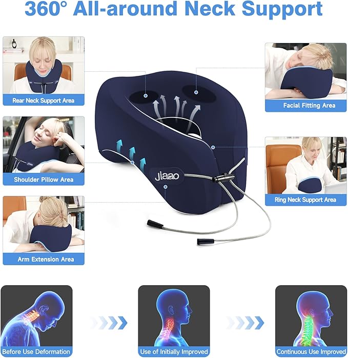 jiaao Neck Pillow Airplane, Ergonomic Memory Foam Travel Pillows for Long Flights, 3D Eye Masks, Ear Plugs and Portable Drawstring Bag, Napping Pillow for Home, Sleep Rest, Family and Travel Use