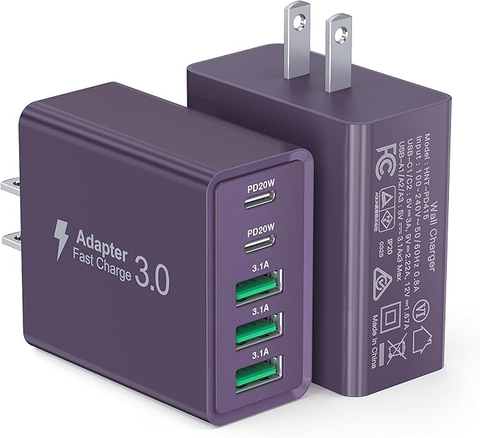 [2-Pack] USB C Wall Charger, 60W Charger Block 5-Port PD Fast Charging Blocks,Multiport 2USB C+3USB A Plug,Type C Power Adapter Brick Cube for iPhone 17/16/15/14/13/Pro,Samsung,for Switch（Purple）