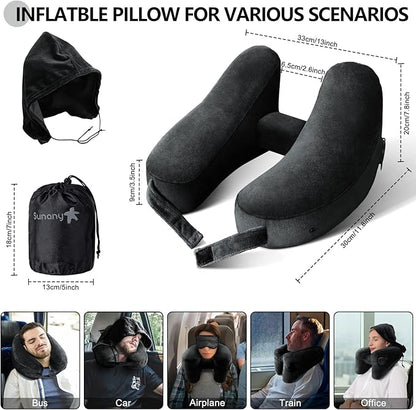 Neck Pillow for Travel Inflatable Airplane Pillow Comfortably Supports Head,Neck and Chin,Inflatable Travel Pillow with Soft Velour Cover,Hat,Portable Drawstring Bag (Black)