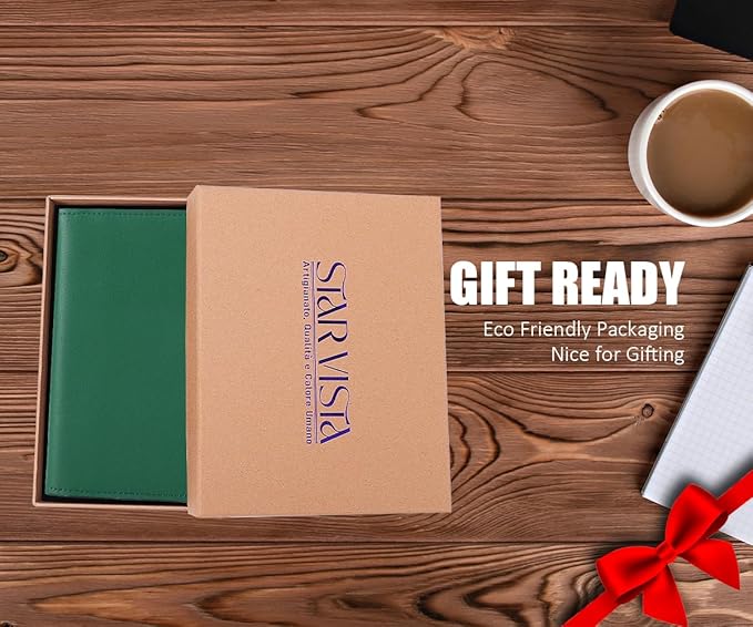 STAR VISTA Albatross Leather Travel Passport Holder, Minimalist Design, Calfskin Leather Case for Women and Men - Slim Passport Wallet, Bifold, RFID Blocking, with AirTag Holder, Green