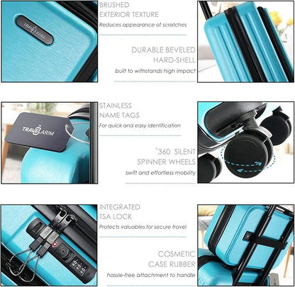 TRAVELARIM 22 Inch Carry On Luggage 22x14x9 Airline Approved, Small Carry On Suitcase, Hard-shell Carry-on Luggage with Wheels, Durable Teal Luggage Carry-On with Cosmetic Case and Luggage Scale