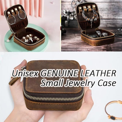 CONTACTS Crazy Horse Leather Travel Jewelry Case Small Jewelry Box Travel Organizer for Rings, Necklaces, Earrings Watches Storage Case, Brown
