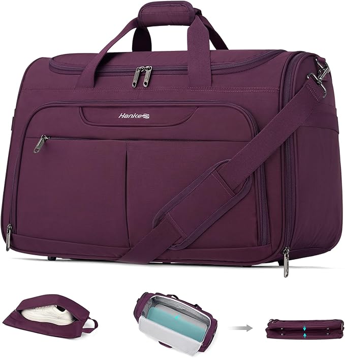 Hanke Carry On luggage Bags for Travel, Large Foldable Duffle Bag for Travel, Softside Lightweight Travel Bag Carry On Bags for Airplanes Women, Travel Tote Bags for Women Men.（Purple）