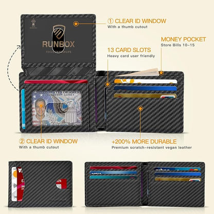 RUNBOX Wallet for Men Slim Rfid Leather 2 ID Window With Gift Box