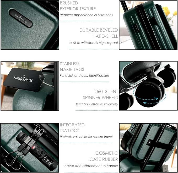 20 Inch Carry On Luggage 22x14x9 Airline Approved, Carry On Suitcase with Wheels, Hard-shell Carry-on Luggage, Durable Luggage Carry-On, Green Small Suitcase with Cosmetic Case