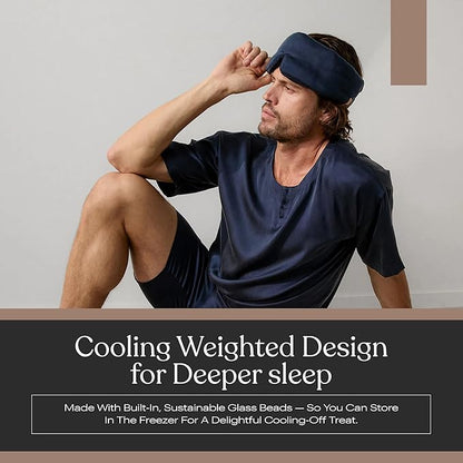 Lunya Weighted Silk Sleep Mask – Mulberry Silk Eye Cover with Cooling Glass Beads, Noise-Reducing Fit, Washable Fabric, and Travel Pouch – Sleeping Mask for Men and Women - Deep Blue - Small