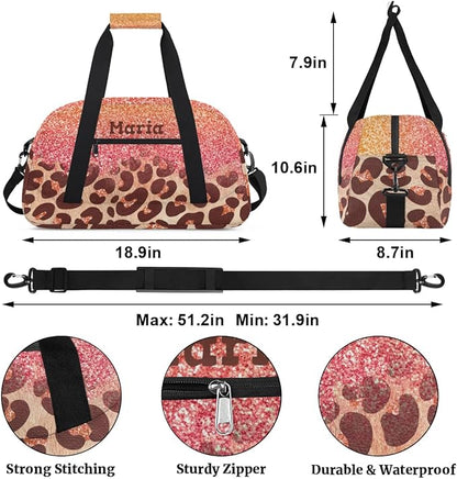 Personalized Kids Sports Duffel Bag with Name Custom Weekender Overnight Bag for Boys Girls Gym Bag Travel Dance Gymnastics Duffel Bag, Pink Glitter Leopard Print