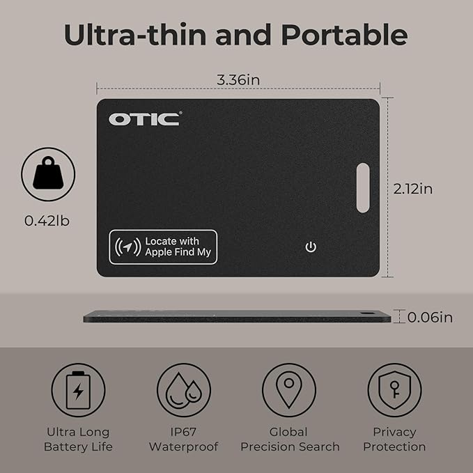 OTIC Wallet Tracker Card, Ultra-Thin 1.7MM Rechargeable Finder, Works with Apple Find My (iOS Only), Item Locator for Luggage Tags, Passports, Phone, IP67 Waterproof, (2-Pack)