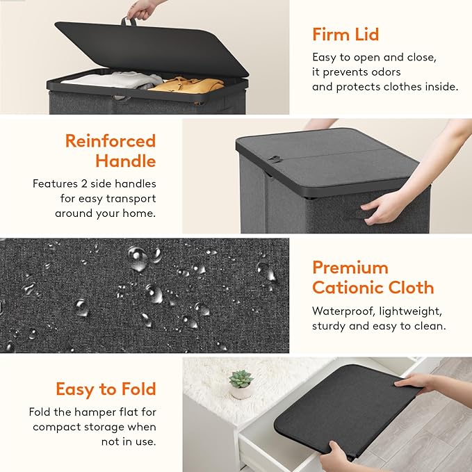 Lifewit 145L Laundry Basket with Lid, Large Laundry Hamper with Plastic Handles and Removable Bag, Foldable Tall Dirty Clothes Hampers for Laundry for Laundry Room, Bedroom, Bathroom, Dorm, Dark Gray