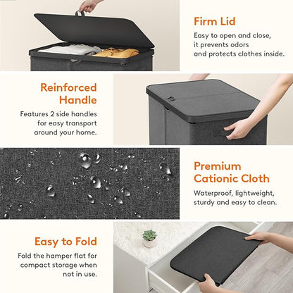 Lifewit 145L Laundry Basket with Lid, Large Laundry Hamper with Plastic Handles and Removable Bag, Foldable Tall Dirty Clothes Hampers for Laundry for Laundry Room, Bedroom, Bathroom, Dorm, Dark Gray