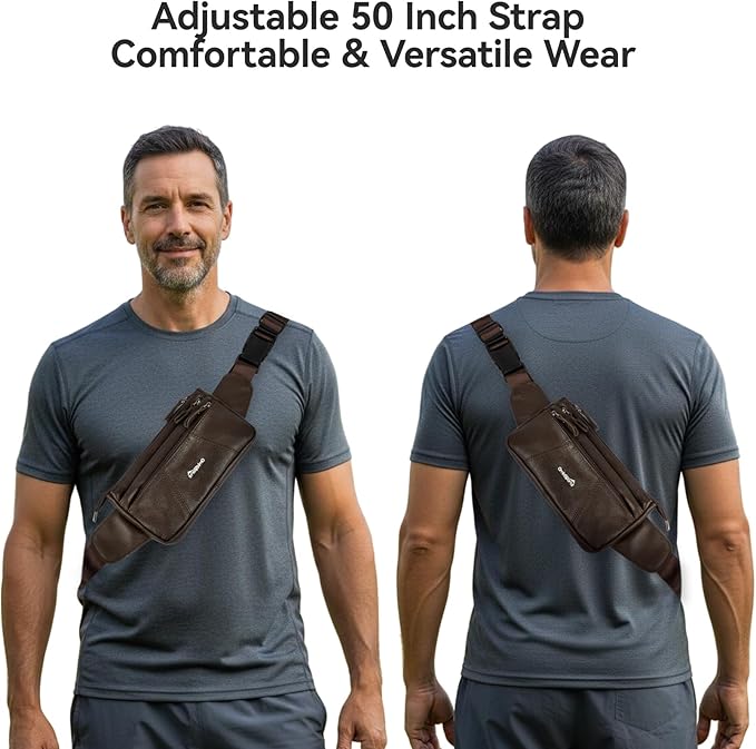 Genuine Leather Fanny Pack For Men and Women Multiple Pockets Waist Bag with Adjustable Strap for Outdoors Workout Traveling Casual Running Hiking Cycling Brown Belt Bag