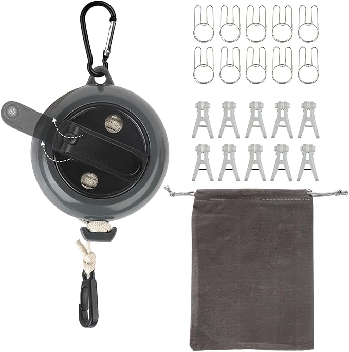 32Ft Portable Travel Clothesline Caudblor Adjustable Camping Clothes Laundry Drying Rope for Hotel Trip, Cruise, Outdoor/Indoor with 10 Windproof Clips, 10 Clothespins, 1 Storage Bag（Black）