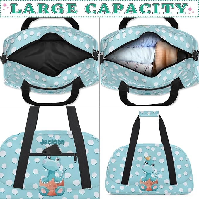 Personalized Duffel Bag for Kids Girls Boys, Dinosaur Spot Custom Name Gym Bag Overnight with Padded Handles Carry On Weekend Sports Travel Bag for School Practice Gymnastics Ballet