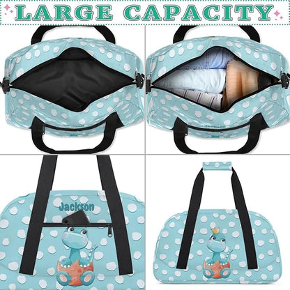 Personalized Duffel Bag for Kids Girls Boys, Dinosaur Spot Custom Name Gym Bag Overnight with Padded Handles Carry On Weekend Sports Travel Bag for School Practice Gymnastics Ballet