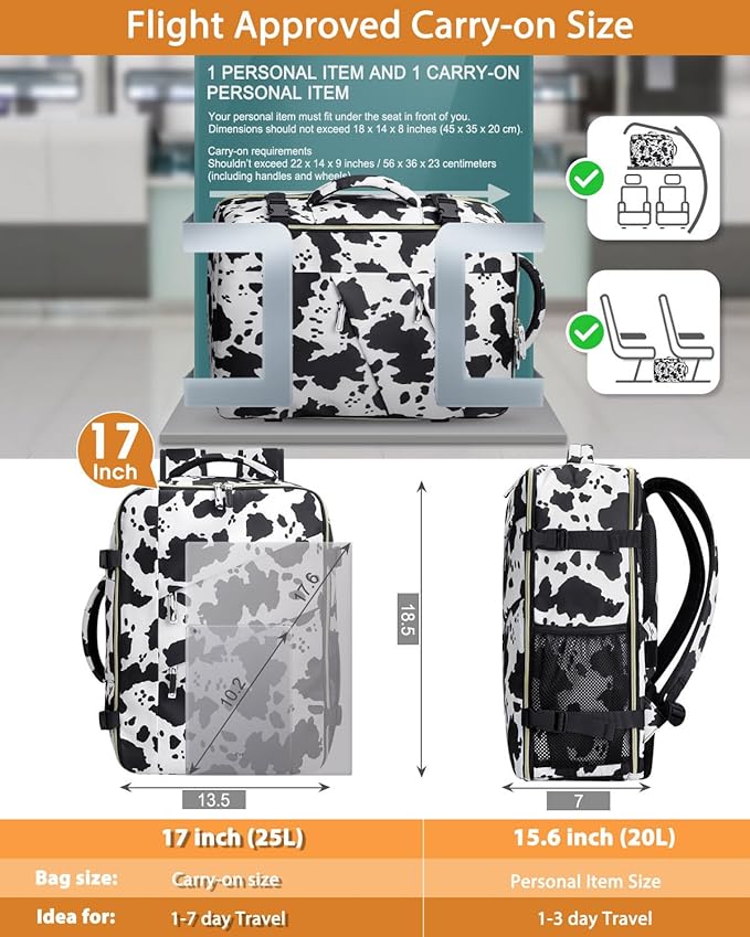 Capolo Travel Backpack for Women Men Waterproof Laptop Backpack Flight Approved Carry On Backpack Overnight Weekender Bag College Bookbag for Business, Work, Traveling Fits 17 '' Laptop,Cow Print