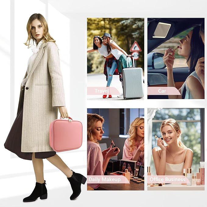 Travel Makeup Bag for Makeup Artists Large Makeup Case,with Mirror 3 Color Setting and Jewelry box Travel Makeup Bag,Portable Storage and Adjustable Dividers（pink）