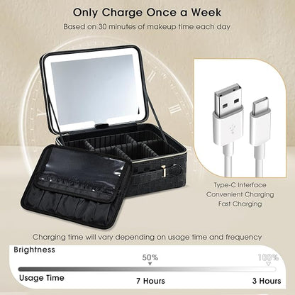 Leather Makeup Case with LED Lighted Mirror 11.4 Inch Travel Makeup Bag Adjustable Brightness in 3 Colors Cosmetic Organizer Artist Storage Bag with Dividers Brush Holder Bag Vanity Black Checkerboard