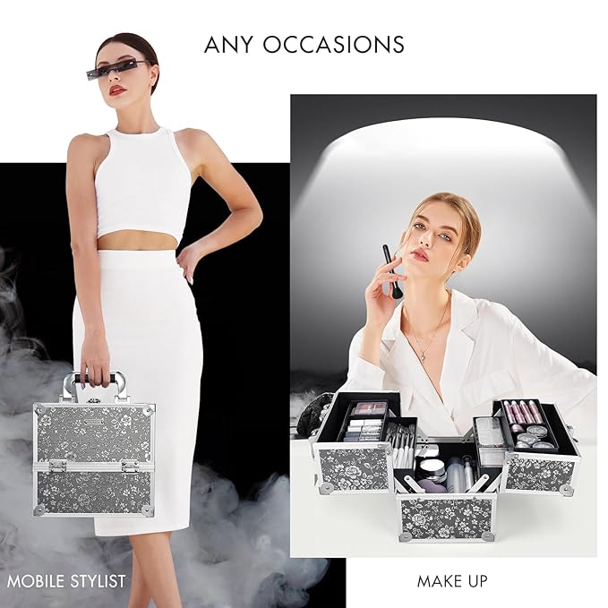 Frenessa Makeup Case Makeup Box Cosmetic Organizer Case Portable Make Up Travel Case Storage Box 4 Trays with Dividers Lockable Hard Train Case Nail Tech Supply Storag Silver Floral