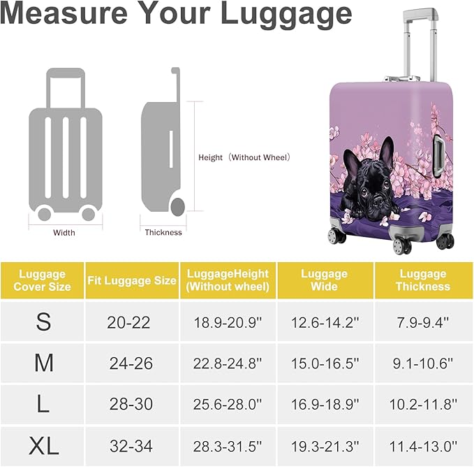 ANNA QUEEN French Bulldog Luggage Cover, Cute Black Dog with Pink Flowers Suitcase Protector, Stretchable Washable Travel Sleeve for 32-34 Inch Luggage