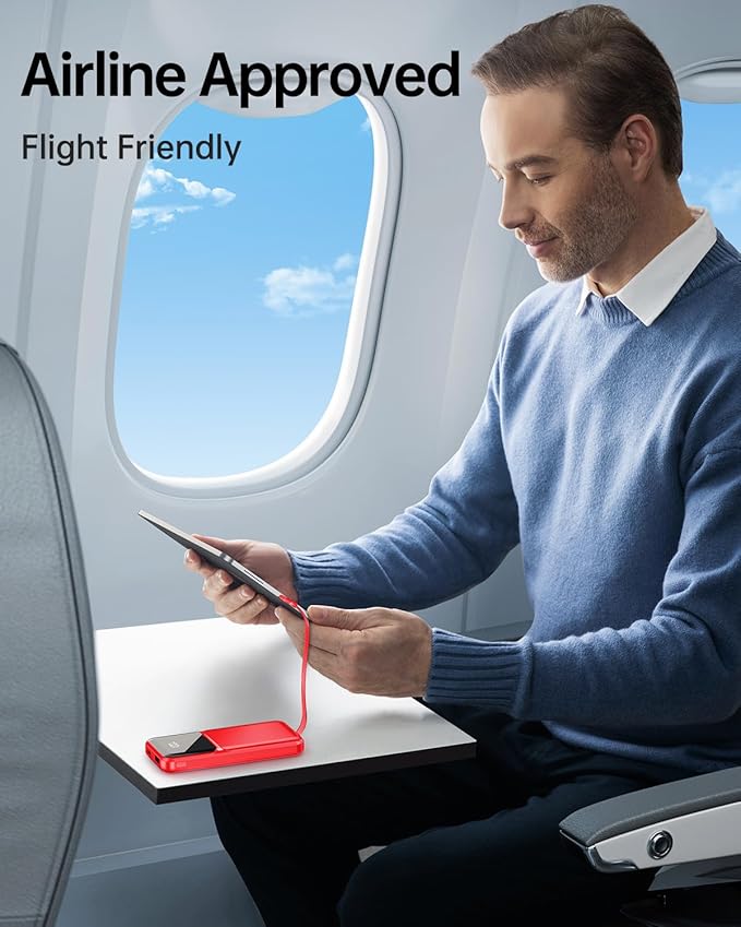 Portable Charger with Built in Cable - 22.5W Power Bank Fast Charging USB C 10000mAh LED Display Travel Battery Pack 5 Outputs & 3 Inputs for iPhone Samsung Android iPad Phones Tablets etc