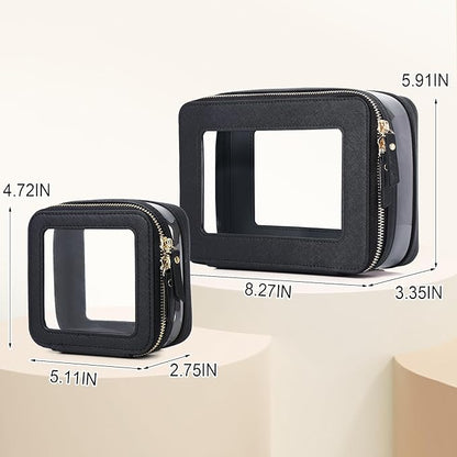 Pinkmik Clear Makeup Bag with Zipper Waterproof Travel Makeup Set for Cosmetics and Toiletries Women's Purse Organizer and Car Essentials (Black, M+MINI-1)