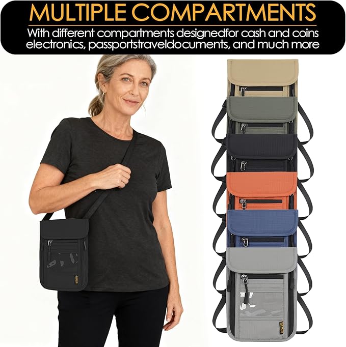 Travel Neck Wallet RFID Blocking – Hidden Passport Holder & Anti-Theft Money Pouch for Men & Women, Lightweight Concealed Undergarment Organizer with Adjustable Strap, Secure Document Holder