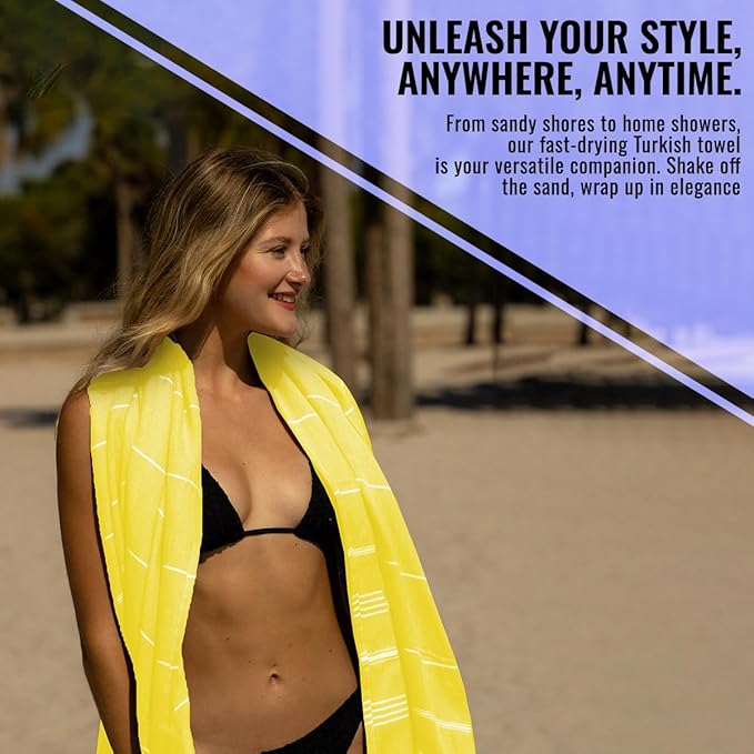 Beach Towel 100% Cotton Turkish Beach Towel Adult 38x70 Inch Pre-washed Absorbent Extra Large|Sand Free Quick Dry BathTowels|Lightweight Blanket|Travel Cruise Camping Spa Gym Sports Towels|Yellow