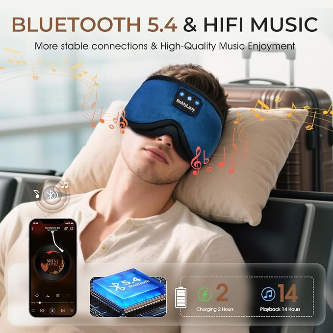 Sleep mask Headphones,100% Blackout 3D Zero Eye Pressure Bluetooth Sleep mask Breathable Eye mask with Bluetooth Headphones Sleep Headphones for Side Sleepers, 14H Playtime&Bluetooth 5.4 Blue