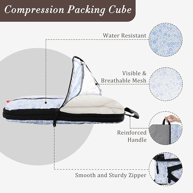 U+U 10 Set Compression Packing Cubes - Ultralight Travel Organizers with Laundry Bag and Cosmetic Bag, Space-Saving Suitcase Organizer for Travel, Business Trip and Family Vacation (Blue Flower)