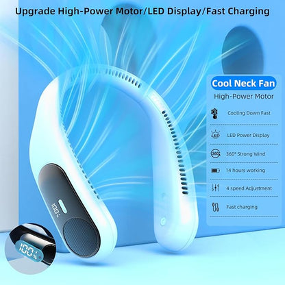 Portable Neck Fan,Personal Wearable Bladeless Fan,LED Display,4-Speeds,6000mAh USB Rechargeable,360° Strong Cooling Wind,Hands Free,Long Lasting,Birthday Gifts for Men Women Dad Mom (Light blue)