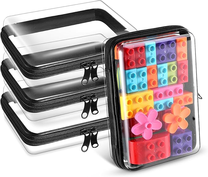 4 Pack 7.5x5.1x2.8 inch Clear Hard Zipper Pouch,Portable Waterproof Cosmetic Bag with Zipper,Makaup Bag,Toy Storage Organizer Bins,Hard Plastic Case for Organizing,Pencil Case