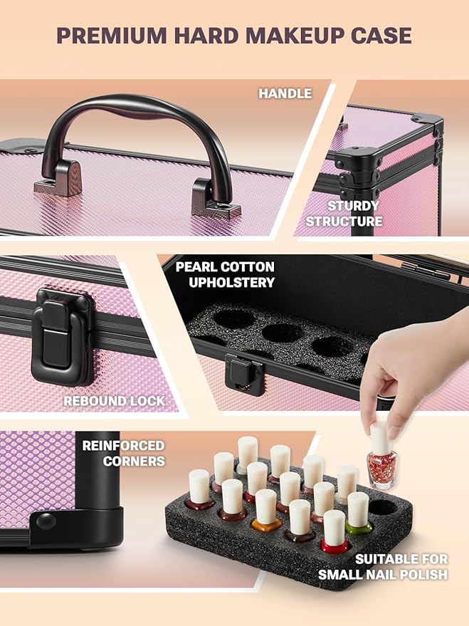 Qislee Makeup Box Mini with A Detachable Lighted Mirror, Waterproof Small Makeup Case,Cosmetic Organizer and Travel Train Case with Magnetic LED Mirror(Black Frame Iridescent Pink)