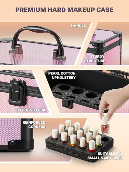 Qislee Makeup Box Mini with A Detachable Lighted Mirror, Waterproof Small Makeup Case,Cosmetic Organizer and Travel Train Case with Magnetic LED Mirror(Black Frame Iridescent Pink)