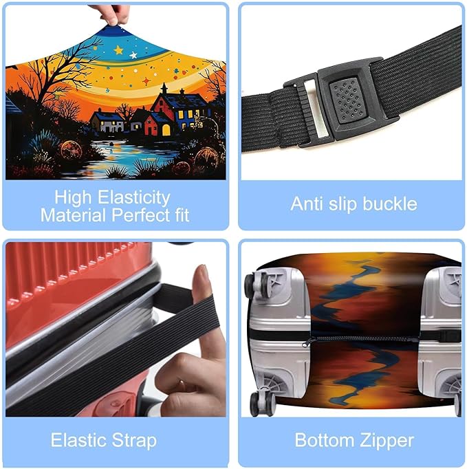 Starry Night Luggage Cover – Artistic Travel Suitcase Protector with Moon and Village Landscape Design, Elastic Washable Luggage Cover for 24"-26" Suitcase,M