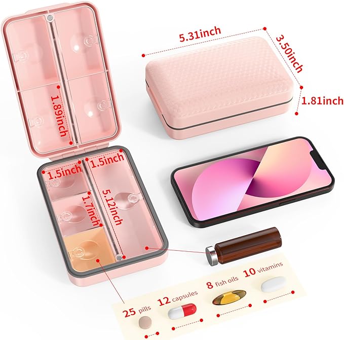 Restree Weekly Pill Organizer, Magnetic Moisture Proof Pill Case, Large Capacity Travel Pill Box with Inner Clear Lid for Vitamins, Supplements, and Daily Medications 8 Compartment (Pink)