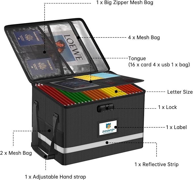 Fireproof File Box with Lock, 5200°F Document Box Storage Organizer, Suitable for Hanging File Folders in Letter Size, Collapsible Box, Reflective Strip for Fast Find (16.6*12.6*10.2, Black)