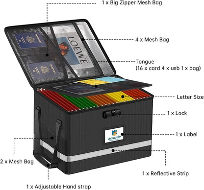Fireproof File Box with Lock, 5200°F Document Box Storage Organizer, Suitable for Hanging File Folders in Letter Size, Collapsible Box, Reflective Strip for Fast Find (16.6*12.6*10.2, Black)