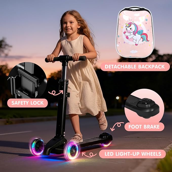 smilesun 4-in-1 Detachable Scooter Suitcase for Kids & Teenagers, Lightweight Hardside Ride-On Suitcase, Foldable Design, Perfect Travel Gift for Girls(Pink Cute Pony 22-inch)