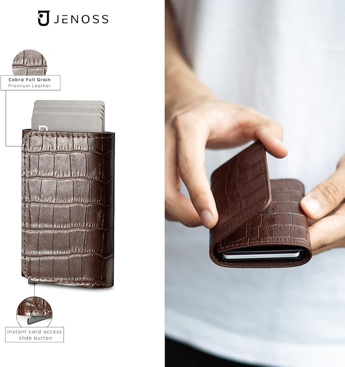 Jenoss Smart Wallet For Men: Full Grain Leather, Handcrafted, Slide Metal Pop Up Case, Slim RFID Blocking Credit Card Holder, Minimalist, Compact, 6-8 Cards Organizers, Front Pocket, Clip (Burgandy)