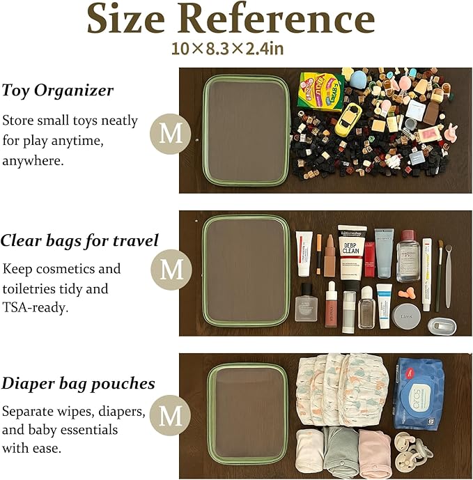 4 pcs Clear Zipper Pouches,Hard Shell Zipper Case, Toiletry Bag for Travel, CLear Diaper Bag, Toiletry Pouch, Travel Organizer, Clear Cosmetic Bag,Toy Storage Bins (M+3S) (Mint Green)