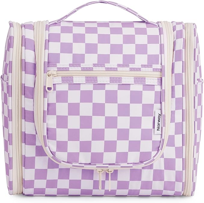 Narwey Checked Hanging Travel Toiletry Bag for Women, Travel Bag for Toiletries, Makeup Bag Organizer Cosmetic Bags Make Up Bags for Women (Purple Checkerboard)