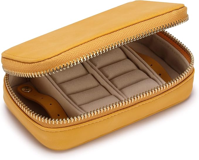 HISCOW Vegan Leather Travel Jewelry Case with Zipper - Portable Necklace & Earring Holder Organizer for Women Girls, Velvet-Lined Ring Box with Anti-Tarnish Design, Yellow