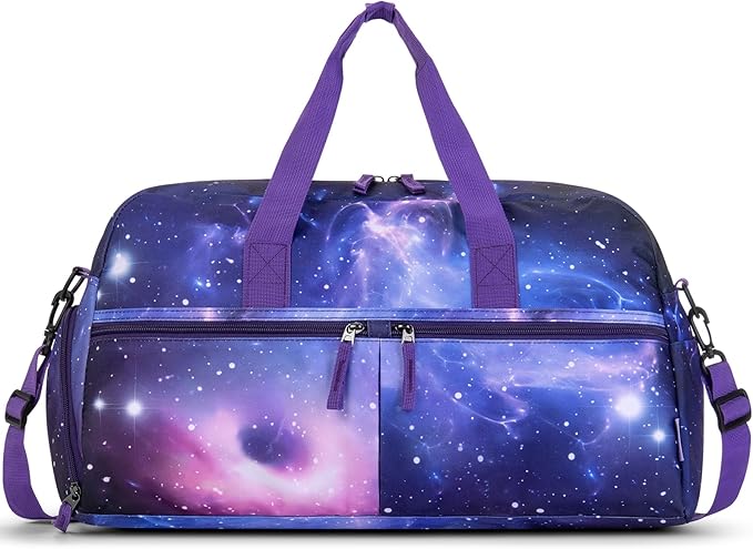 Choco Mocha Girls Duffle Bag for Travel Sports Duffle Bag with Shoe Compartment Gym Duffle Tote Bag Dance Duffle Bags for Teen Girls Christmas Gifts Galaxy Purple