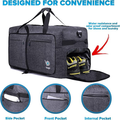Bago Large Foldable Duffel Bags for Traveling Women & Men - 100L Packable Duffle Bag for Travel with Shoe Compartment - Water Repellant, Heavy Duty, Lightweight Folding & Collapsible (SnowBlack)