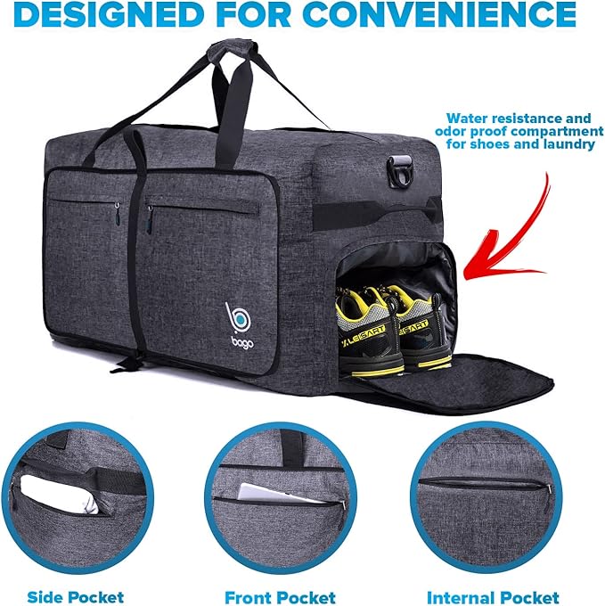 Bago Large Foldable Duffel Bags for Traveling Women & Men - 120L Packable Duffle Bag for Travel with Shoe Compartment - Water Repellant, Heavy Duty, Lightweight Folding & Collapsible (SnowBlack)