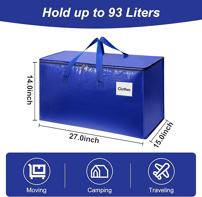 Moving Bags with Zipper - Extra Large Space Saving Totes for Storage, Heavy-Duty Tool Bag with Carrying Handles, Ideal for Camping & Travel, Tag Pocket Included