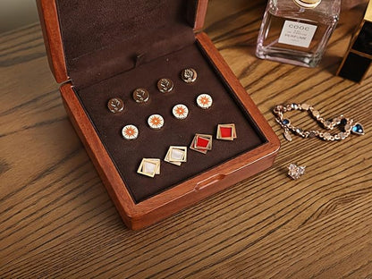 Solid Rosewood Cufflink Organizer Storage Box Genuine Wood Jewelry Case for 12 Cufflinks, Rings, Earrings Compact Travel Gift with Velvety Lining (Dark Brown/Light Coffee)