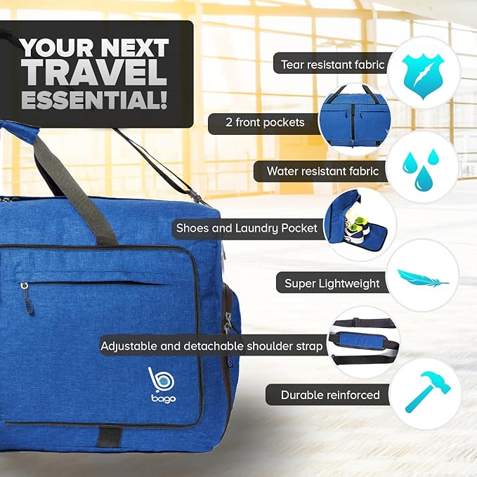 Bago Large Foldable Duffel Bags for Traveling Women & Men - 100L Packable Duffle Bag for Travel with Shoe Compartment - Water Repellant, Heavy Duty, Lightweight Folding & Collapsible (SnowDepBlue)