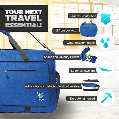 Bago Big XXL Foldable Duffel Bags for Traveling Women & Men - 140L Packable Duffle Bag for Travel with Shoe Compartment - Water Repellant, Heavy Duty, Lightweight Folding & Collapsible (SnowDepBlue)